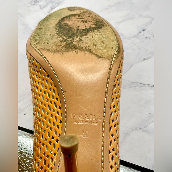 Prada Women's Tan Leather Peep Toe Pump - Picture 6 of 10